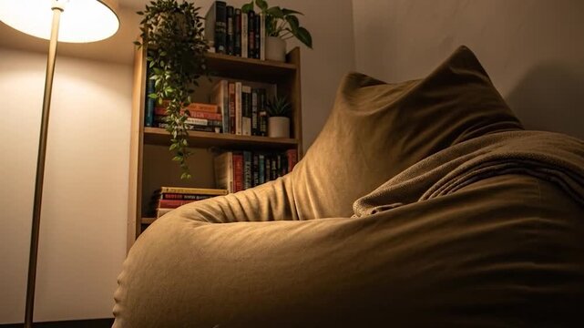 Cozy reading corner with bean bag chair bookshelf and warm lamp light