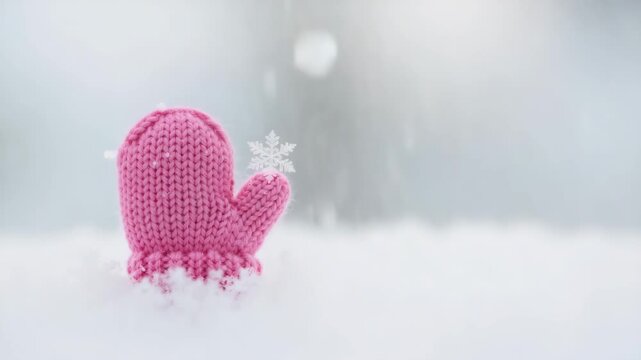 A small pink knitted mitten holds a delicate snowflake in the snow. Snow falls in slow motion in a winter scene. Cozy holiday concept with copy space
