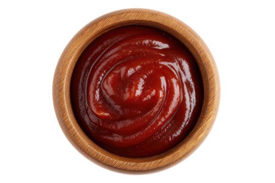 Wooden bowl filled with swirling red sauce
