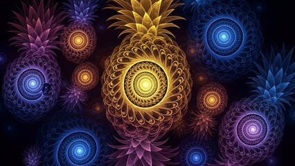 Abstract Colorful Spiral Fractal Pattern with Bright Glowing Elements on Dark Background