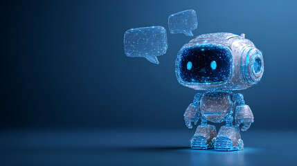 Hologram of AI Robot or Chatbot with Speech Bubbles on Technology Blue Background. AI Chat Bot Mascot. Low Poly Wireframe Tech Bg. Support Assistant Virtual Character. Digital Vector Illustration. 