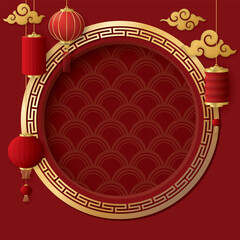 Blank 3D golden circle frame with clouds and paper lanterns Chinese style on red square background.