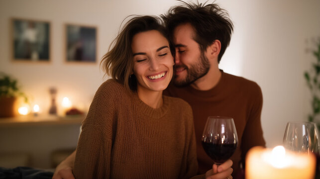 Happy young couple sitting close together at a warmly lit dinner table, laughing and sharing an intimate moment. Both wear cozy brown sweaters, their faces illuminated by soft cand