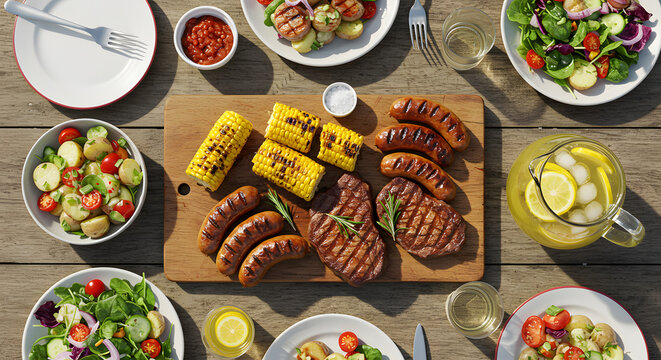 Overhead view of a delicious summer barbecue spread featuring grilled meats, corn, and salads.