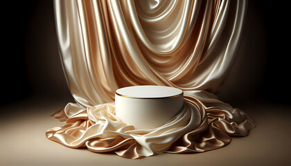 Luxurious beige and champagne silk drapery surrounding a round pedestal with golden trim. Brown background. Elegant soft lighting, smooth folds, and refined texture create a perfect scene for product 