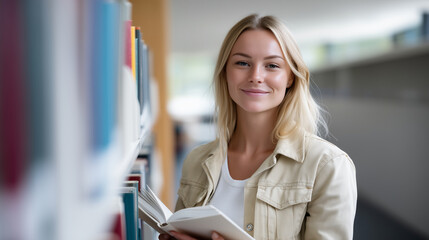 Smiling young woman with blonde hair standing between bookshelves in a modern library, holding an open book in her hands. She wears a light beige jacket over a white t-shirt, with