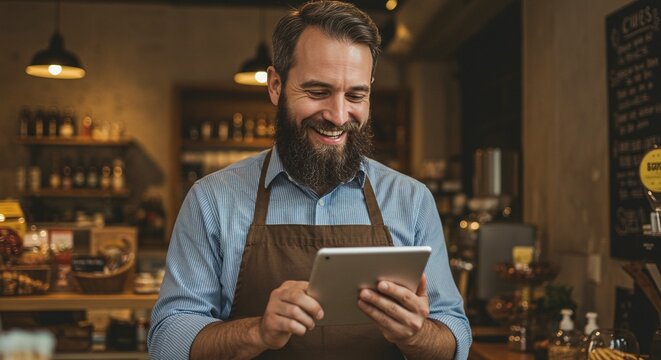 Smiling barista in apron using tablet in his shop surrounded by shelves of goods and warm lighting. - Powered by Adobe
