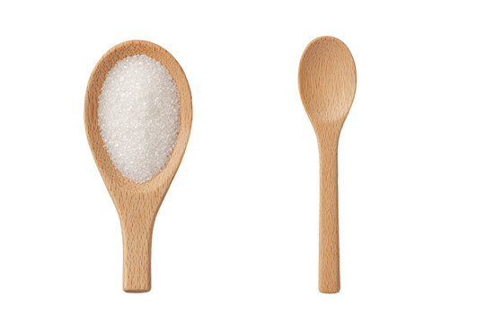 Two wooden spoons, one filled with granulated sugar