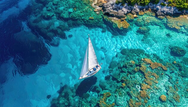 Sailboat glides over turquoise ocean waters near rocky coastline with vibrant coral reefs below aerial drone view
