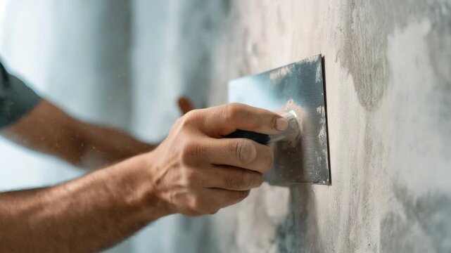 Close-up of a worker plastering a wall with a trowel, smoothing cement during interior refurbishment, construction and interior upgrade concept, realistic style.