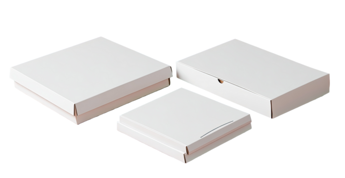 Three white cardboard boxes of varying sizes, likely for food or gifts
