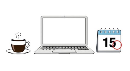 Coffee, Laptop, and Calendar: The essential tools of modern productivity are artfully arranged, creating a visual narrative of the work day, with the aroma of fresh brewed coffee filling the air