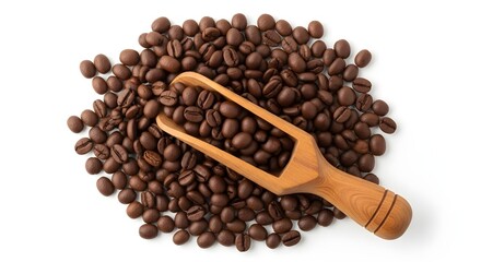 Obraz premium Coffee Beans and Wooden Scoop: A pile of roasted coffee beans is artfully arranged with a wooden scoop