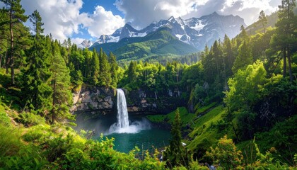 Fototapeta premium Lush Green Waterfall Cascades Down Rocky Cliffside Amidst Verdant Forest and Majestic Snow Capped Mountains Under Bright Sunlight And Dramatic Clouds
