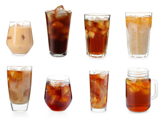 Iced coffee. Different drinks on white background, set