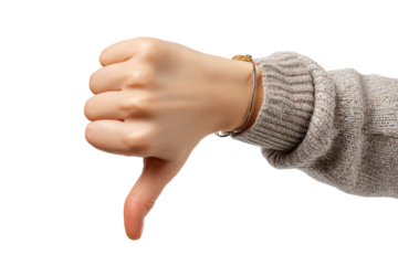 A hand showing a thumbs-down gesture.  Light-skinned hand with a neutral-toned, textured sweater sleeve.  Close-up