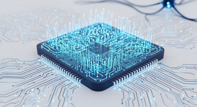 Digital Blueprint: The core of modern technology, a central processing unit (CPU) is visualized with glowing blue circuits, symbolizing the intricate world of processing and artificial intelligence.