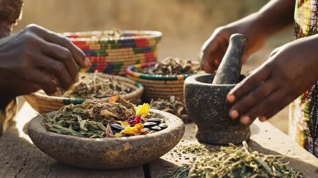 Traditional Healers Sharing Herbal Knowledge in Macro Natural Light