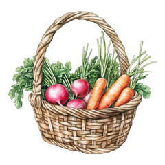 Watercolor Rustic Wicker Basket with Fresh Carrots and Radishes, Vector Illustration
