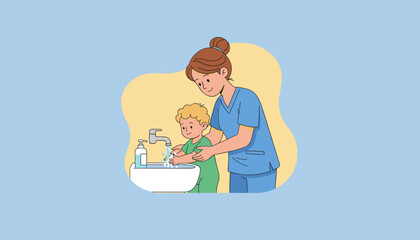 Healthcare worker assisting a child with handwashing and hygiene education
