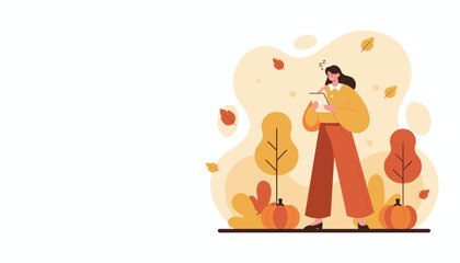 Tired woman using tablet in an autumnal park with pumpkins Fall season illustration
