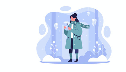 A happy woman uses a digital tablet outdoors in a stylized winter landscape bundled up in warm clothes