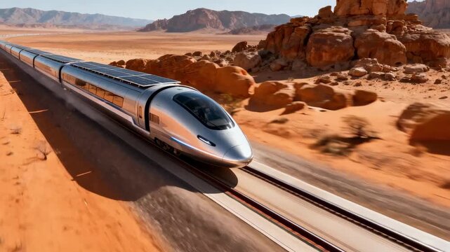 Medium shot capturing a hyperloop pod speeding through an arid desert landscape highlighting innovation in sustainable rapid transit solutions.