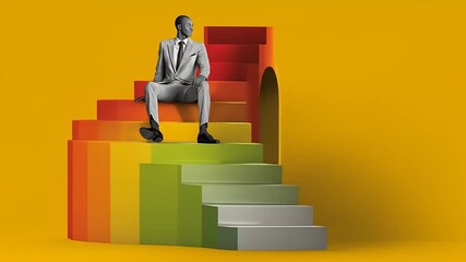 A man in a tailored suit contemplates future goals atop chromatic steps, symbolizing the path to progress and the achievement of lofty ambitions