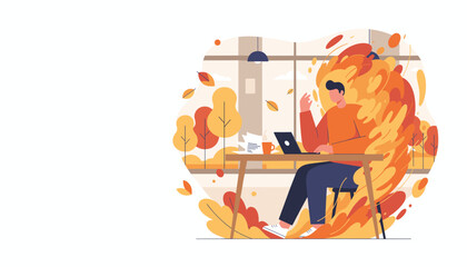 Man working on laptop surrounded by flames symbolizing professional burnout or urgency
