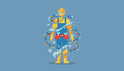 Naklejka premium Festive maintenance worker wrapped in tangled holiday lights and winter snow