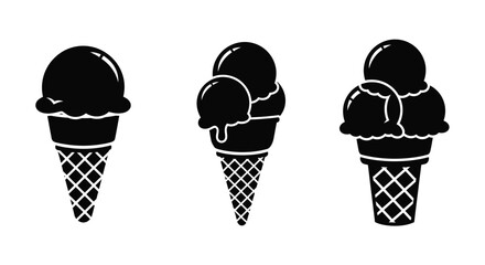 Black and white illustration of three ice cream cones in a row