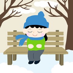 公園のベンチに座りマフラーで寒さをしのぐ人