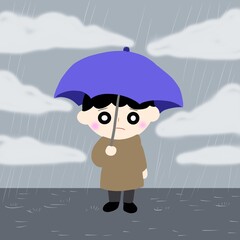 小雨や曇り空と傘を差す人