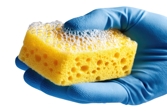 A hand in a blue glove holds a yellow cleaning sponge, covered in soapy bubbles