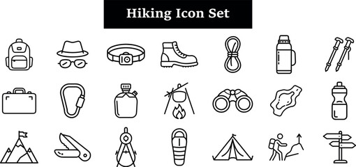 Collection of hiking and camping icons, isolated on transparent background, featuring backpack, hat, sunglasses, belt, boot, rope, thermos, trekking poles, briefcase, carabiner, campfire, signpost
