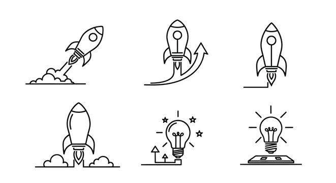 Rocket ships lightbulbs and innovation icons in a minimalist line art style