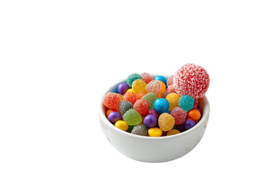 Colorful candies in a white bowl
