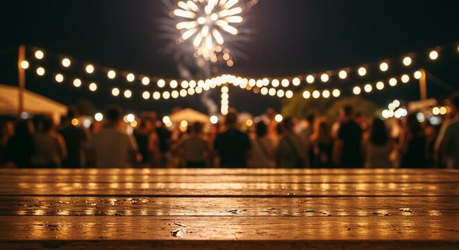 Evening festival celebration with fireworks and festive lights create a lively atmosphere. Party time!