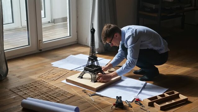 Male Adult Assembling Eiffel Tower Model in Indoor Setting