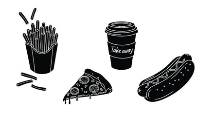 Fast food assortment including fries pizza hotdog and a coffee cup