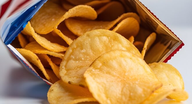 This image shows an open bag of golden potato chips. The chips are crispy, thinly sliced, and lightly salted, spilling out of the foil-lined packaging. The focus is on the texture and color of the sna