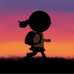夕焼け空を背景にしたシルエットイラスト：学生（ランドセルの子ども）