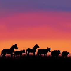 夕焼け空を背景にしたシルエットイラスト：馬や牛など牧場の動物と夕焼け