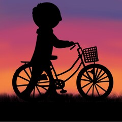 夕焼け空を背景にしたシルエットイラスト：自転車を押しながら歩く人のシルエット