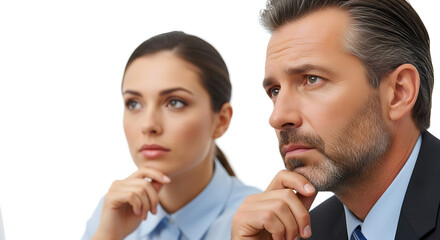 Two serious business colleagues, a man and a woman, thoughtfully contemplating a problem with focused expressions on a white background.