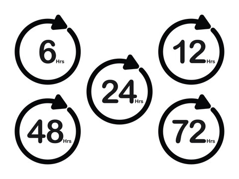 Countdown Timer Icons. Time Duration Vector Set. 6H, 12H, 24H, 48H, 72H Circular Timer Set