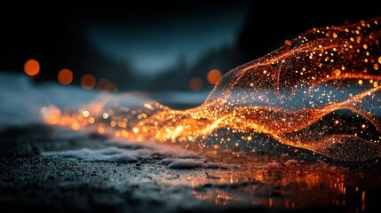 Abstract glowing orange light trails on a dark wet surface with blurred background.