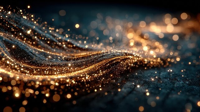 Abstract flowing golden light streaks with bokeh effect against a dark background.