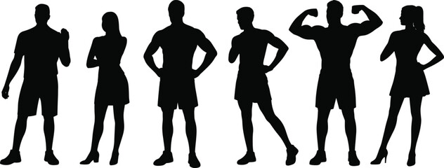 Fashion silhouette icons, male and female figures, stylish pose graphics, black design, clothing symbols, minimal style, vector fashion set