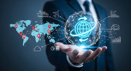 Businessman in a suit holding a glowing globe with a world map and digital icons representing global business and connectivity.
